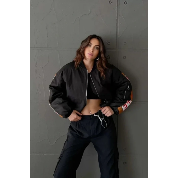 ırt Ve Kol Parça Baskılı Bomber Ceket  iyah