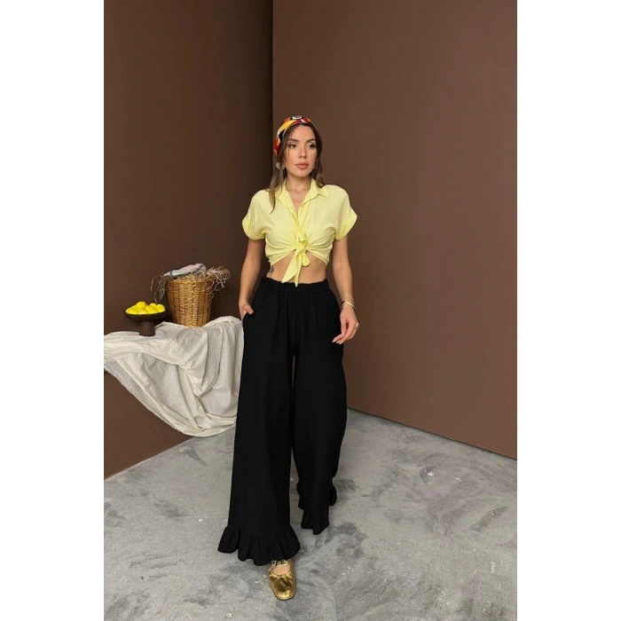 iyah Paçası Fırfırlı Keten Pantolon