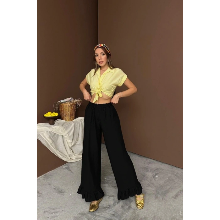 iyah Paçası Fırfırlı Keten Pantolon