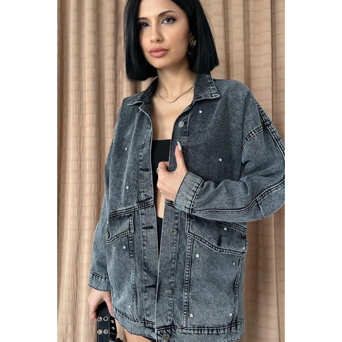 Siyah Taşlı Kot Ceket