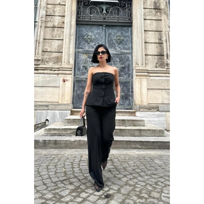 Siyah Straplez Düğmeli Crop Ve Pantolon Takım