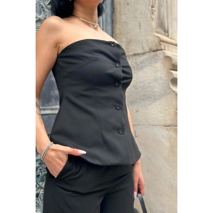 Siyah Straplez Düğmeli Crop Ve Pantolon Takım