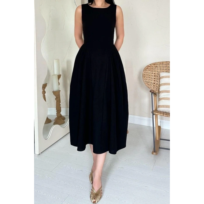 iyah Yanları Büzgülü Midi Boy Keten Elbise