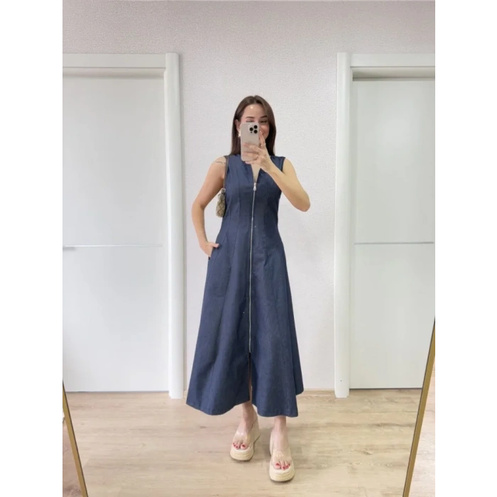 Jeans Kot Önü Tam Fermuarlı Uzun Elbise  avi