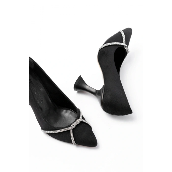 K-10 Siyah Süet Günlük Sarmal Taşlı Topuklu Kadın Ayakkabı