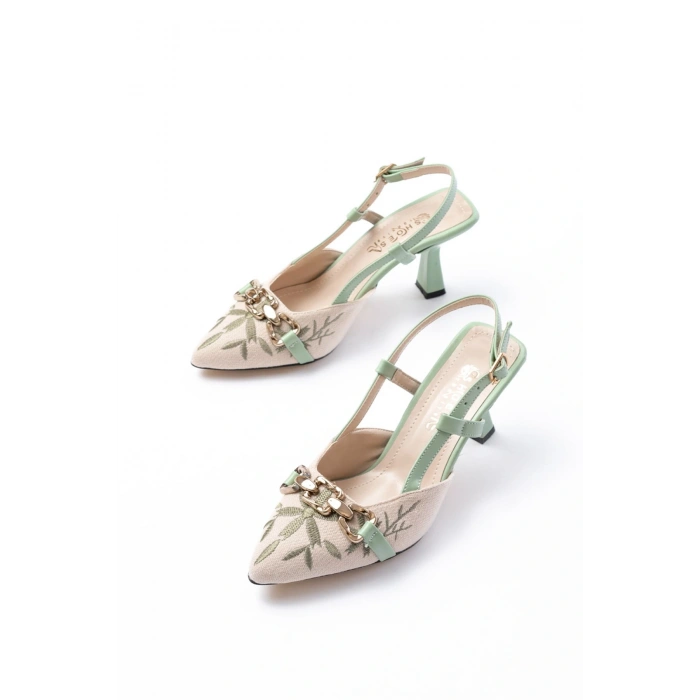 K-250 Fıstık Yeşili Keten Günlük Arkası Açık Tokalı Topuklu Kadın Ayakkabı