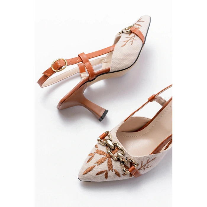 K-250 Taba Keten Günlük Arkası Açık Tokalı Topuklu Kadın Ayakkabı