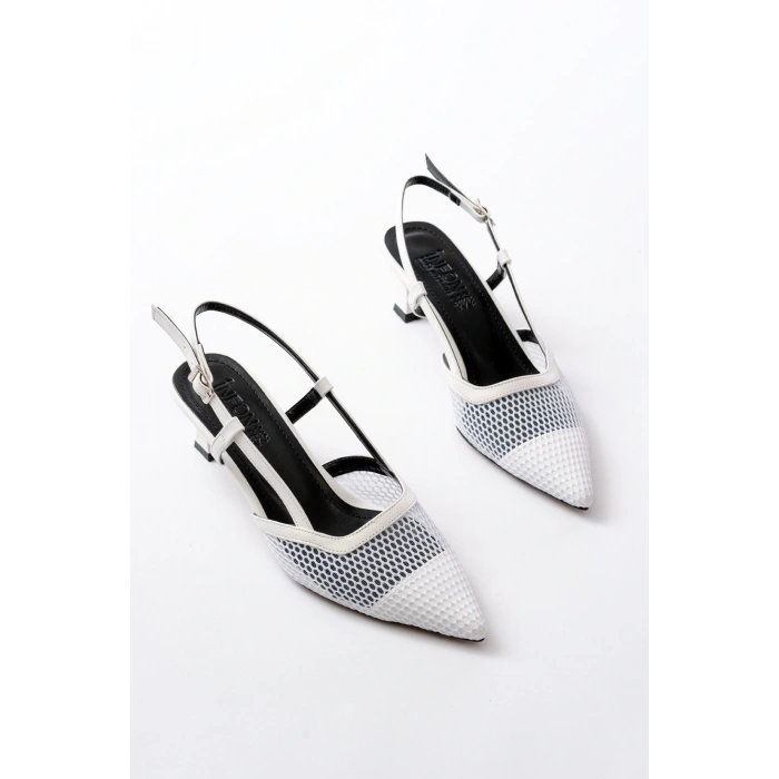 K-607 Beyaz Günlük Fileli Arkası Açık 7 cm Topuklu Bayan Ayakkabı