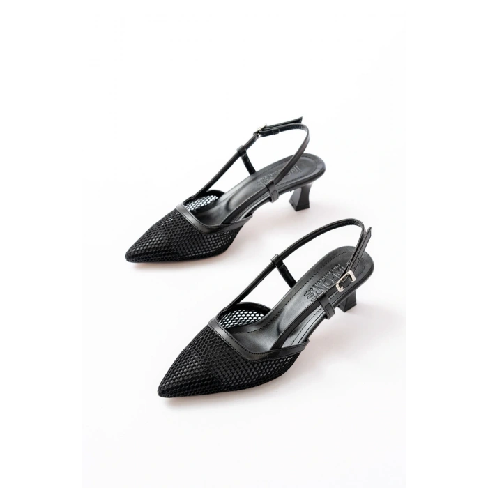 K-607 Siyah Günlük Fileli Arkası Açık 7 cm Topuklu Bayan Ayakkabı