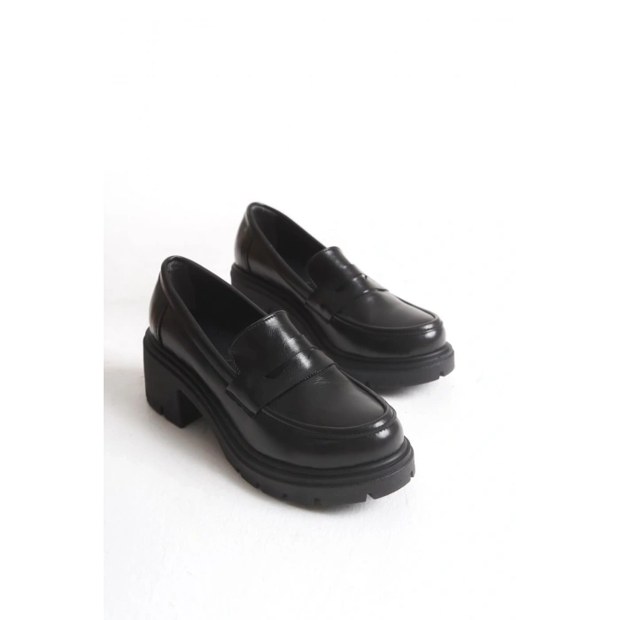 K-706 Siyah Kırışık Rugan Yüksek Tabanlı Loafer Ayakkabı