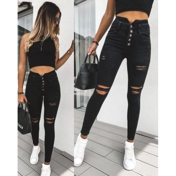 Kadın 5 Düğmeli V Detay Bel Yırtık Kot Pantolon