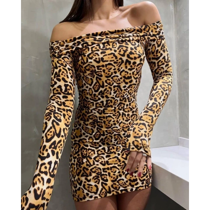 Kadın adonna endil Yaka Leopar Desen ini Elbise