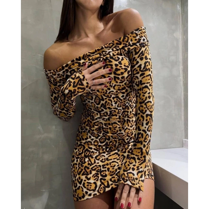 Kadın adonna endil Yaka Leopar Desen ini Elbise