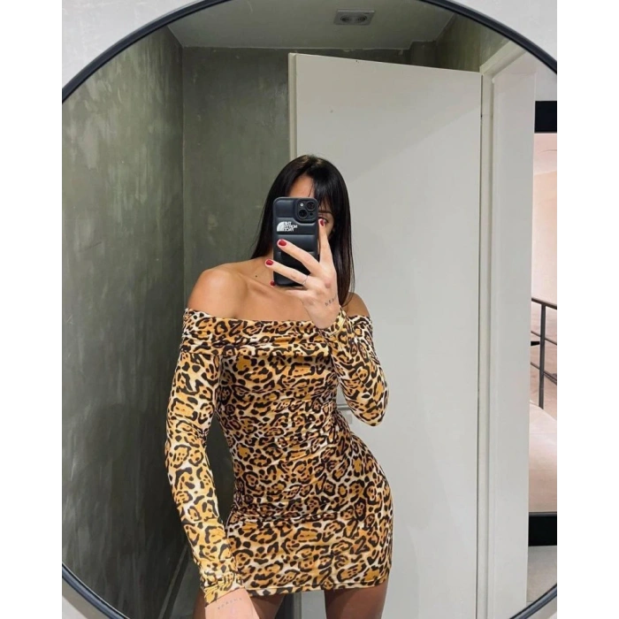 Kadın adonna endil Yaka Leopar Desen ini Elbise