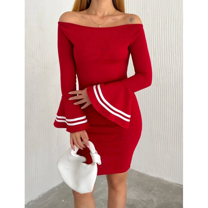 Kadın Akrilik Kumaş Ispanyol Kol Madonna Yaka Mini Elbise