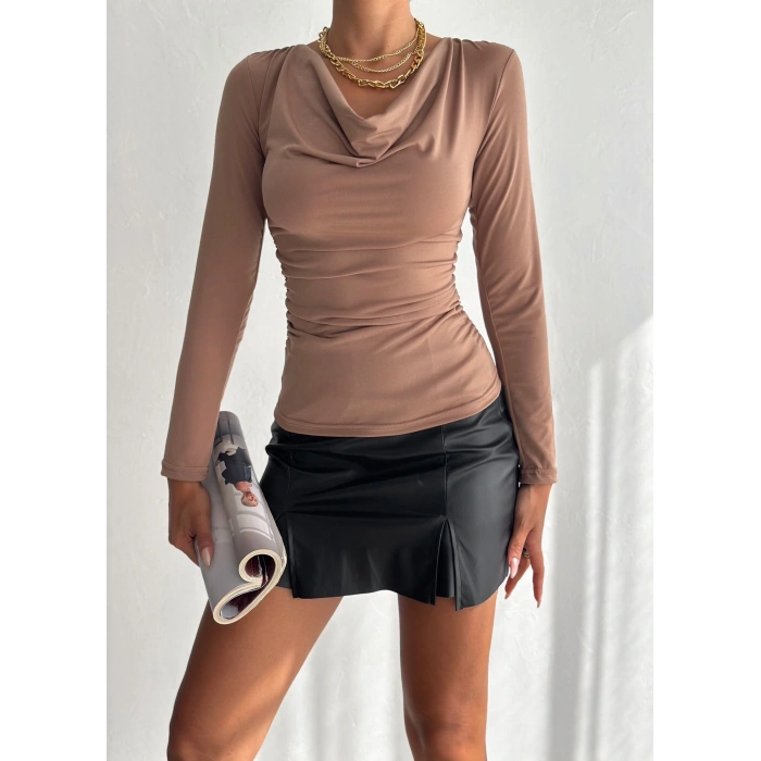 Kadın andy Kumaş Degaje Yaka Uzun Kollu Bluz