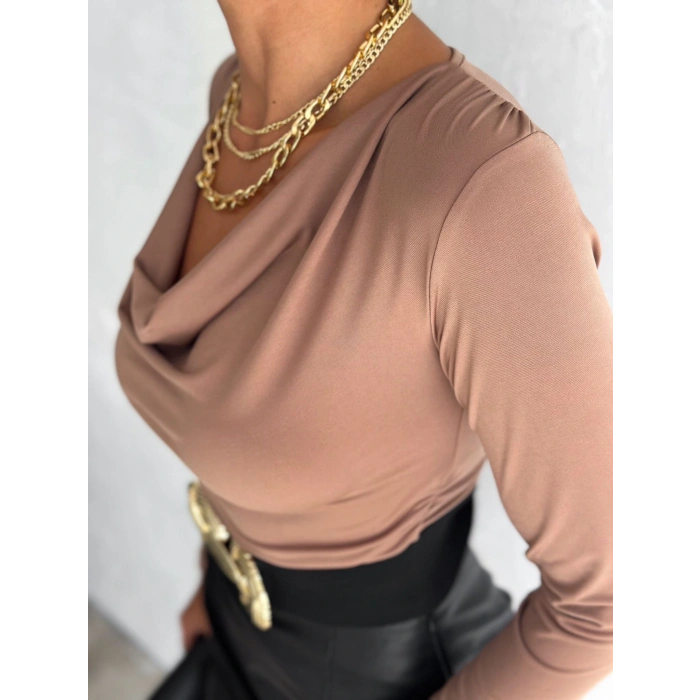Kadın andy Kumaş Degaje Yaka Uzun Kollu Bluz