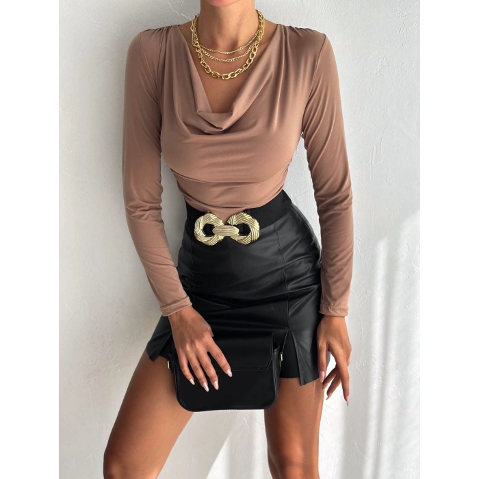 Kadın andy Kumaş Degaje Yaka Uzun Kollu Bluz