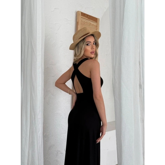 Kadın Arkadan çapraz Detay Yuvarlak Yaka Maksi Viskon Elbise