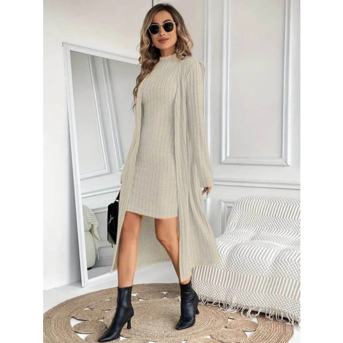 Kadın Askılı Balıkçı Yaka Kısa şardonlu Kaşkorse Elbise Ve Uzun Kollu Ceket Ikili Takım