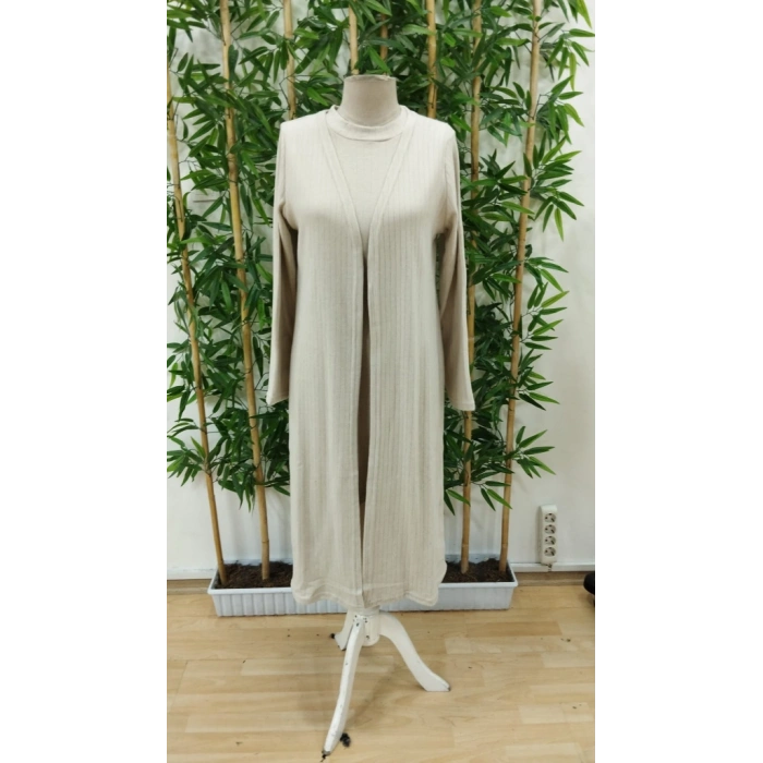 Kadın Askılı Balıkçı Yaka Kısa şardonlu Kaşkorse Elbise Ve Uzun Kollu Ceket Ikili Takım