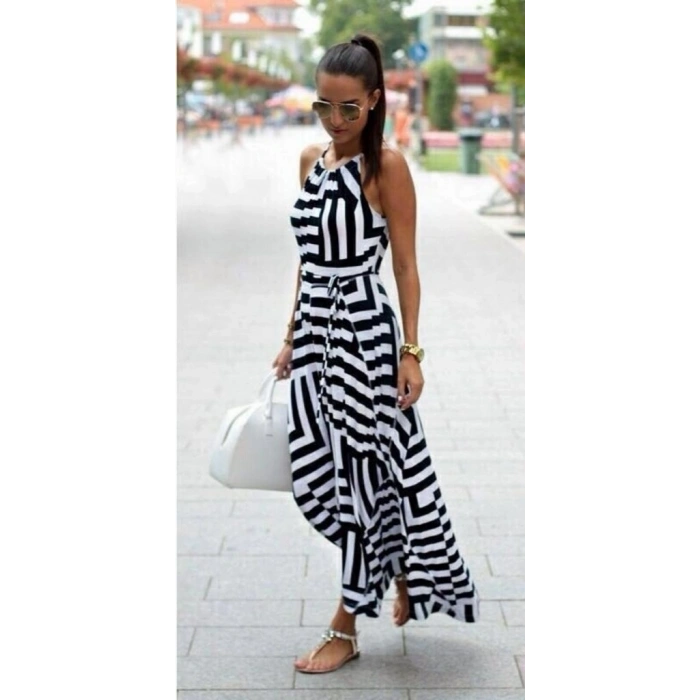 Kadın Askılı Belden Bağlamalı Geometrik Desen Krep Elbise