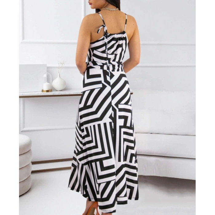 Kadın Askılı Belden Bağlamalı Geometrik Desen Krep Elbise