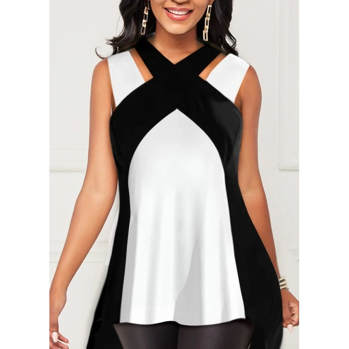 Kadın Askılı Boyundan çapraz Halter Yakalı çift Renkli Viskon Bluz