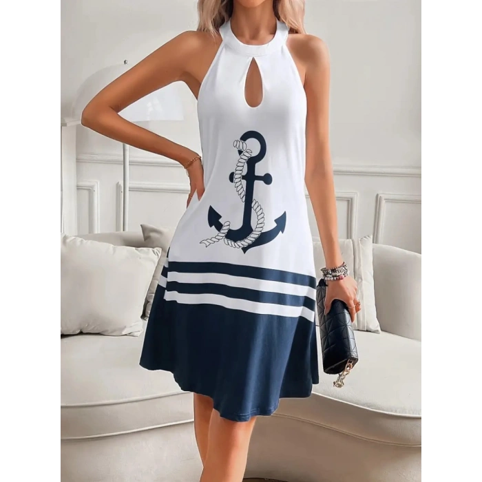 Kadın Askılı çıpa Baskılı Sırtı Açık Kısa Süprem Elbise