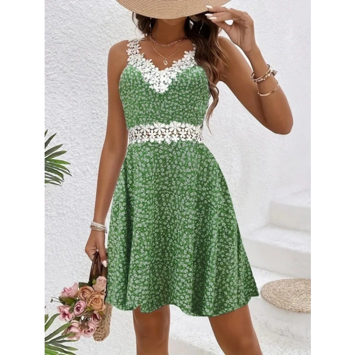 Kadın Askılı Dantel Yakalı çiçek Desenli Süprem Elbise