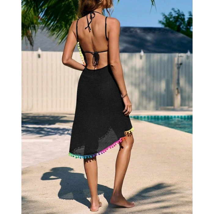 Kadın Askılı Derin V Yakalı çapraz Geçmeli Ponponlu Bürümcük Pareo