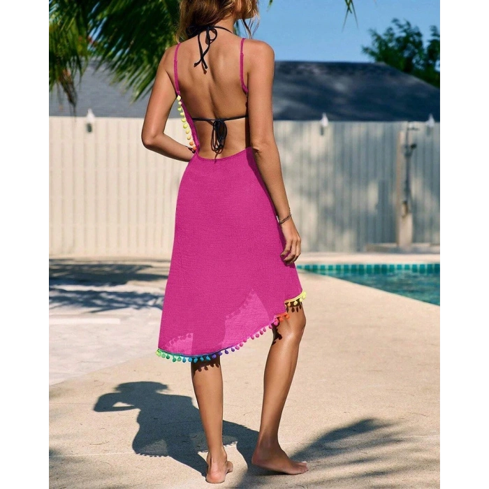 Kadın Askılı Derin V Yakalı çapraz Geçmeli Ponponlu Bürümcük Pareo