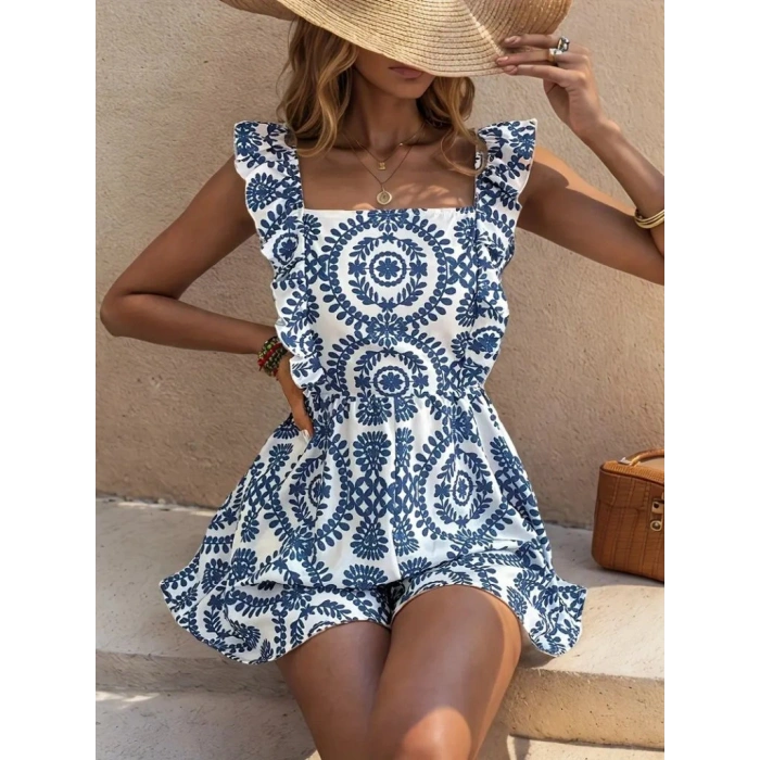 Kadın Askılı Kare Yakalı Arkadan Bağcıklı Desenli Keten Tulum