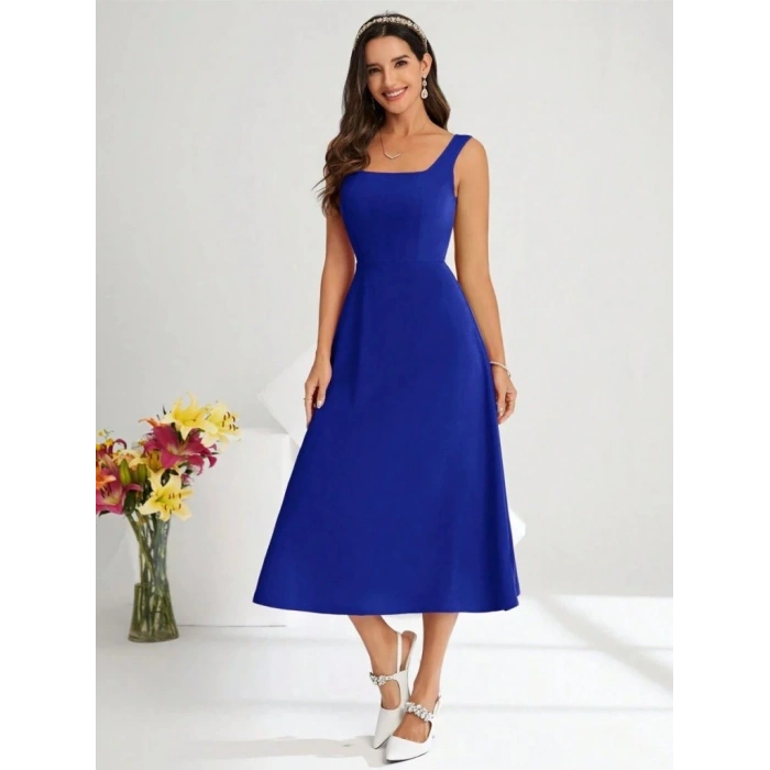 Kadın Askılı Kare Yakalı Midi Ithal Krep Elbise