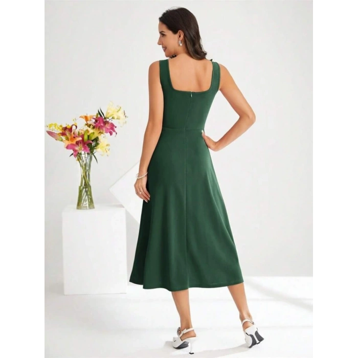 Kadın Askılı Kare Yakalı Midi Ithal Krep Elbise