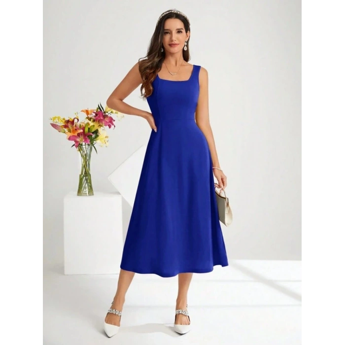 Kadın Askılı Kare Yakalı Midi Ithal Krep Elbise