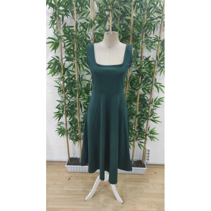 Kadın Askılı Kare Yakalı Midi Ithal Krep Elbise