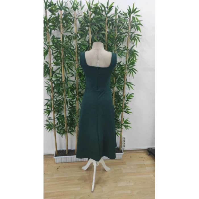 Kadın Askılı Kare Yakalı Midi Ithal Krep Elbise