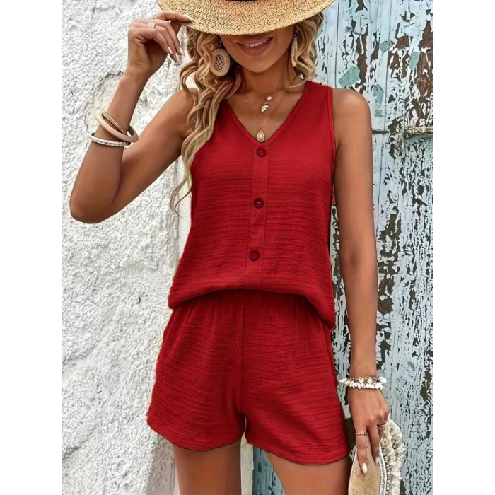Kadın Askılı Kolsuz V Yakalı önden Düğmeli Bürümcük Bluz Ve Short Ikili Takım