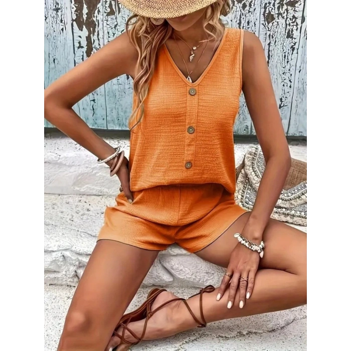 Kadın Askılı Kolsuz V Yakalı önden Düğmeli Bürümcük Bluz Ve Short Ikili Takım