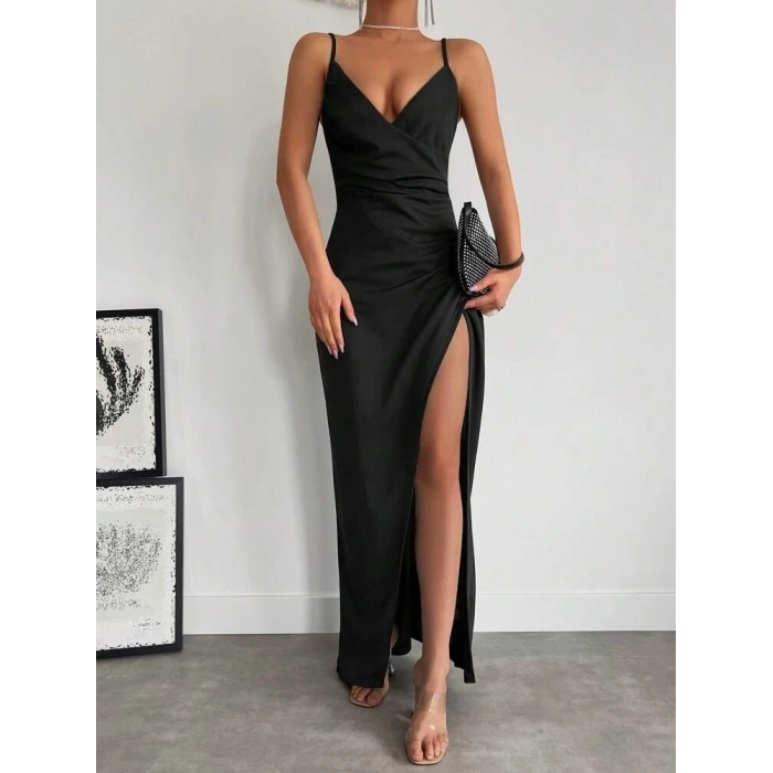 Kadın Askılı Kruvaze Yakalı Yırtmaçlı Krep Elbise