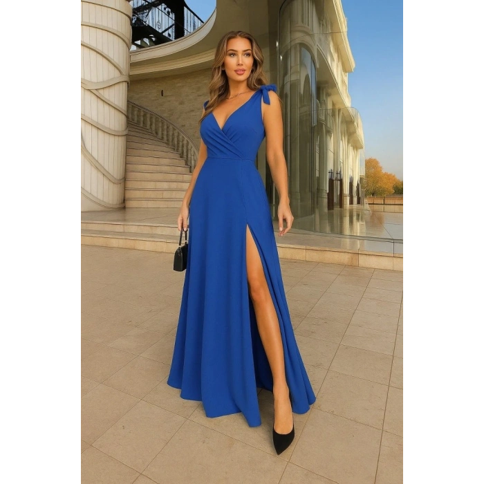 Kadın Askılı Omuzdan Bağlamalı Kruvaze Yakalı Uzun Yırtmaçlı Janjan Krep Elbise