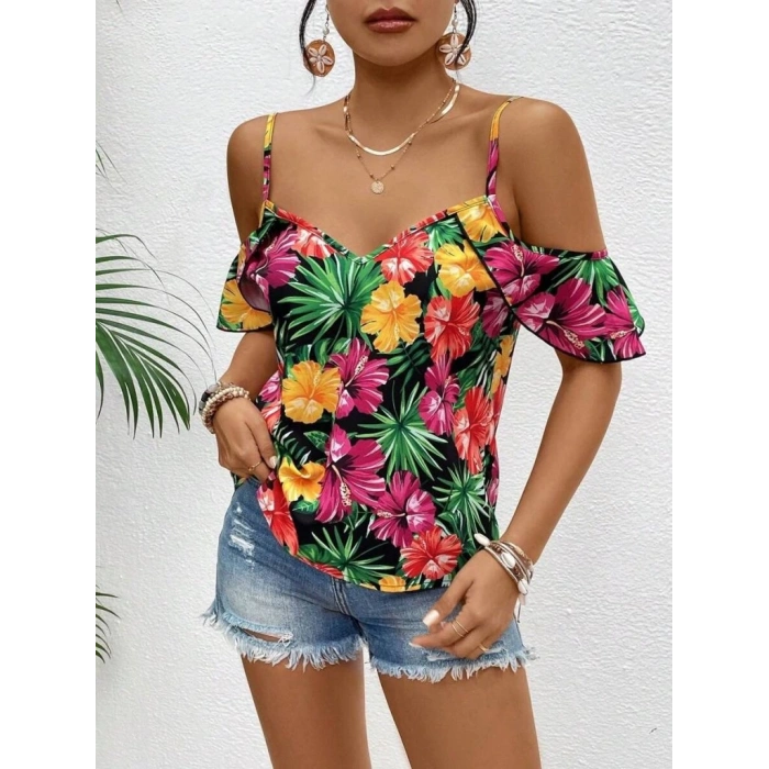 Kadın Askılı Omuzlardan Açık çiçek Baskılı Bluz