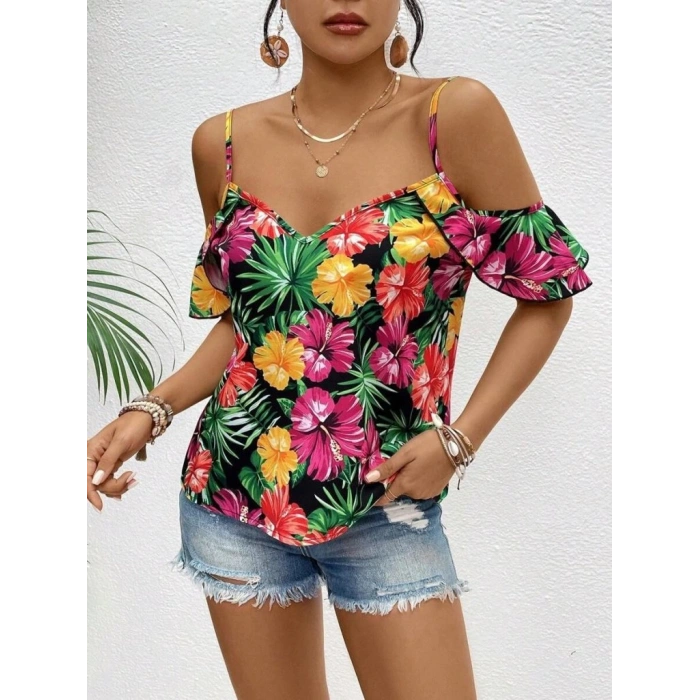 Kadın Askılı Omuzlardan Açık çiçek Baskılı Bluz