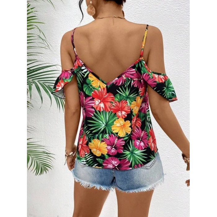 Kadın Askılı Omuzlardan Açık çiçek Baskılı Bluz