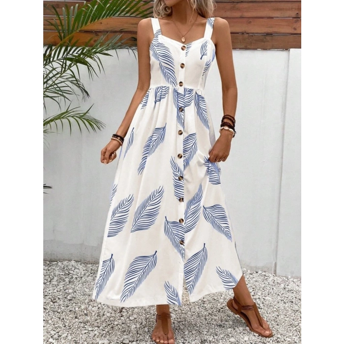 Kadın Askılı önden Düğmeli Yaprak Desenli Uzun Süprem Elbise