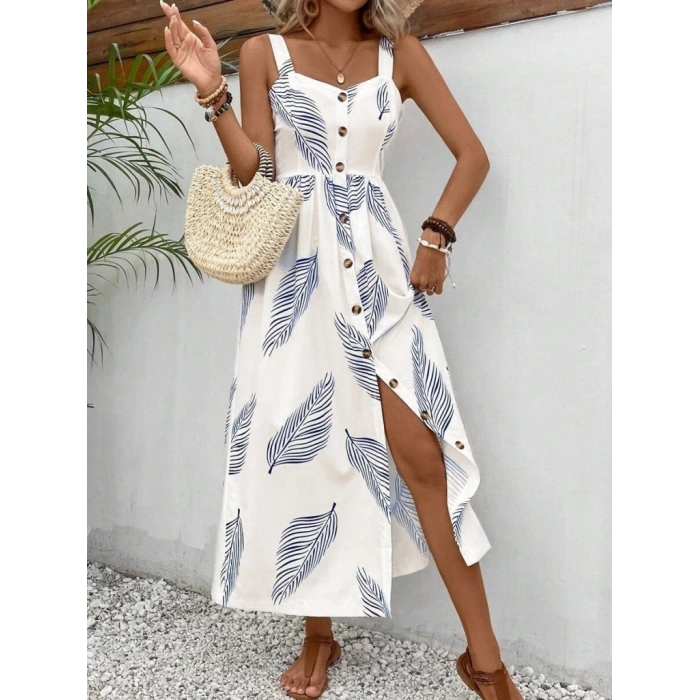 Kadın Askılı önden Düğmeli Yaprak Desenli Uzun Süprem Elbise