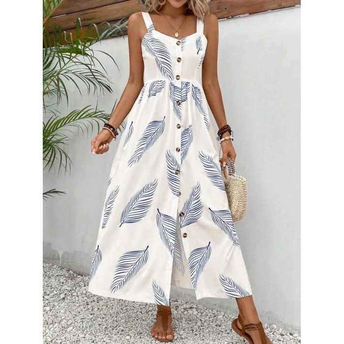 Kadın Askılı önden Düğmeli Yaprak Desenli Uzun Süprem Elbise