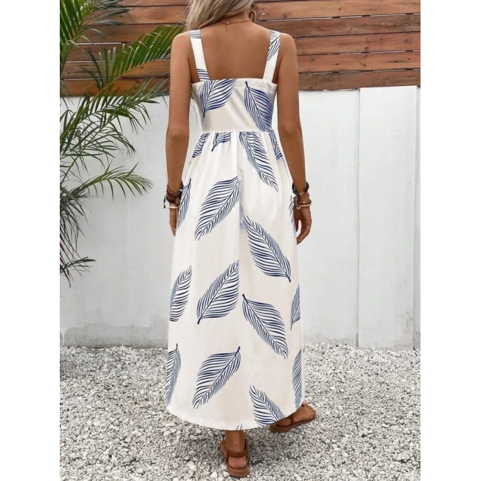 Kadın Askılı önden Düğmeli Yaprak Desenli Uzun Süprem Elbise