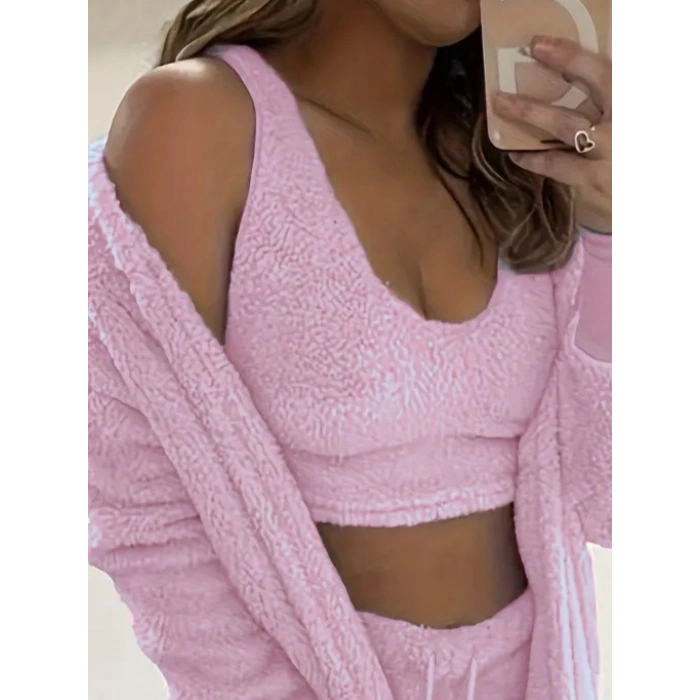 Kadın Askılı Peluş Bluz,şort Ve Ceket üçlü Takım